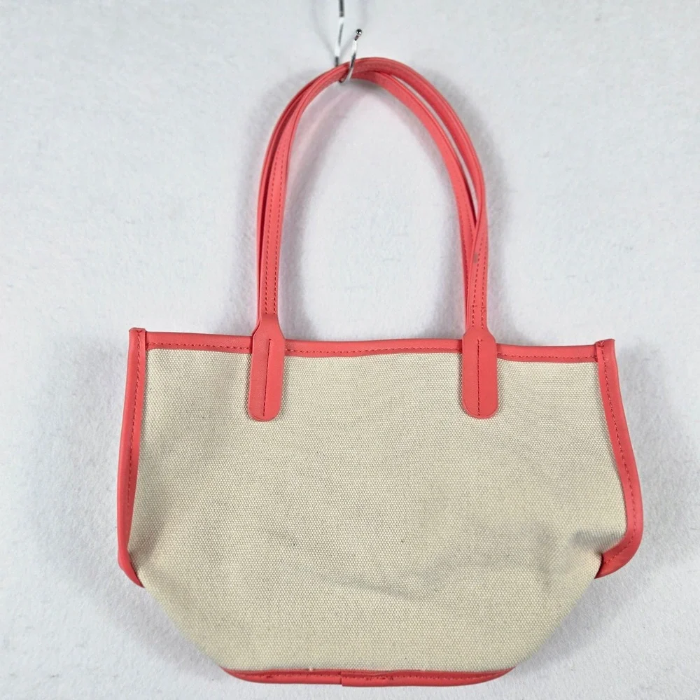 Steve Madden Canvas Tote Bag Womens Small Cream Pink Logo Casual (S10)